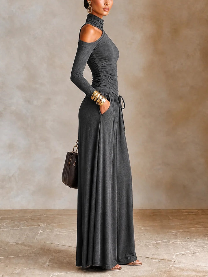 Dark Grey Asymmetric Off‑Shoulder Long Sleeve Vacation Maxi Dress
