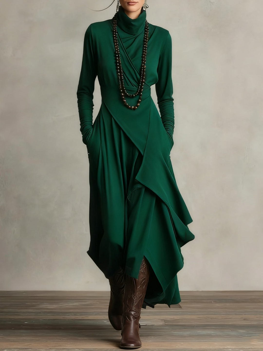 AZARI – REFINED DRAPED HIGH-NECK MIDI DRESS