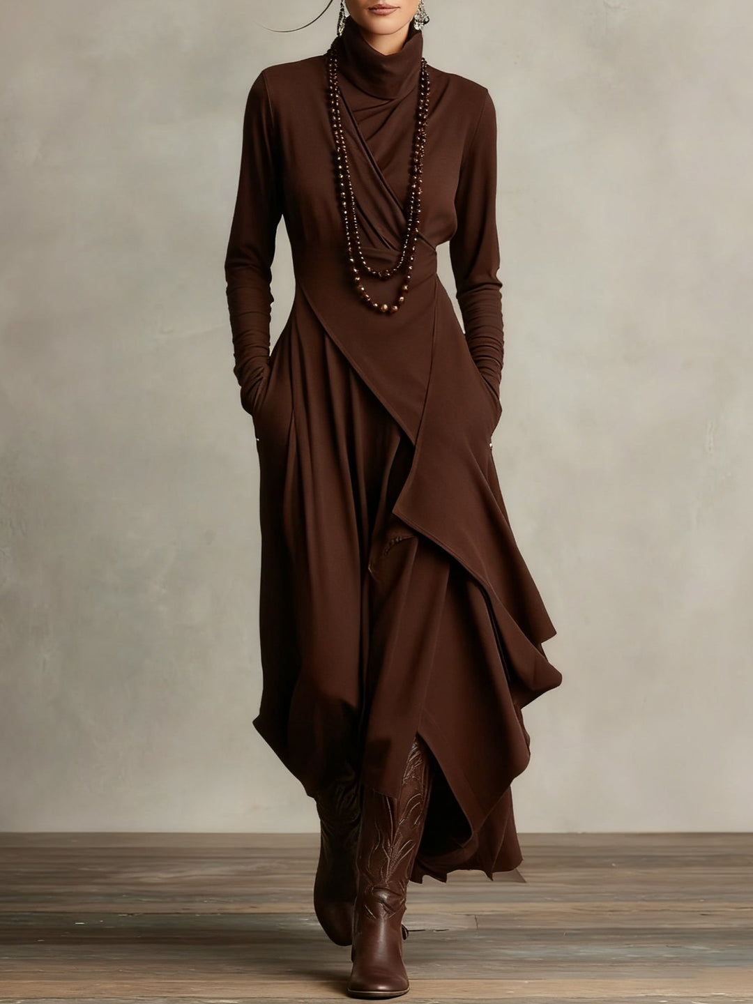 AZARI – REFINED DRAPED HIGH-NECK MIDI DRESS