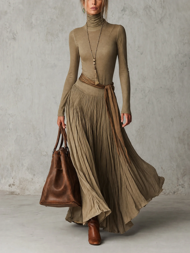 Elegant Turtleneck Long Sleeve Pleated Maxi Dress with Waist Tie