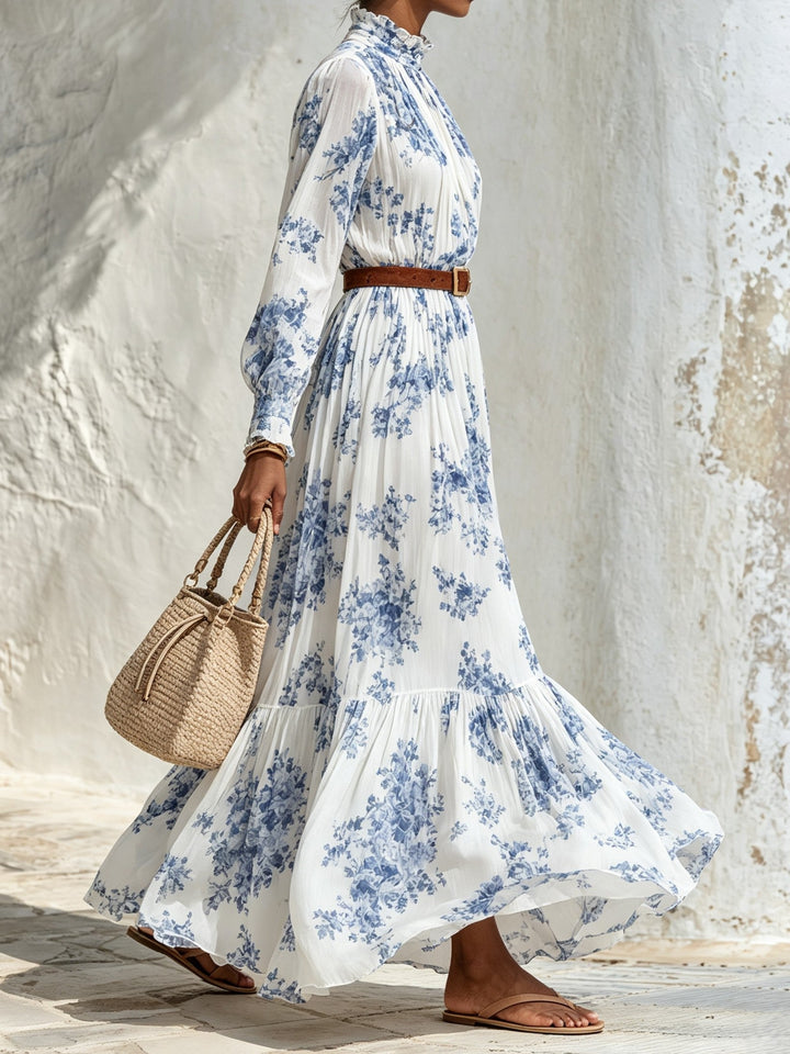 Blue Floral Print Smocked Neck Belted Maxi Dress