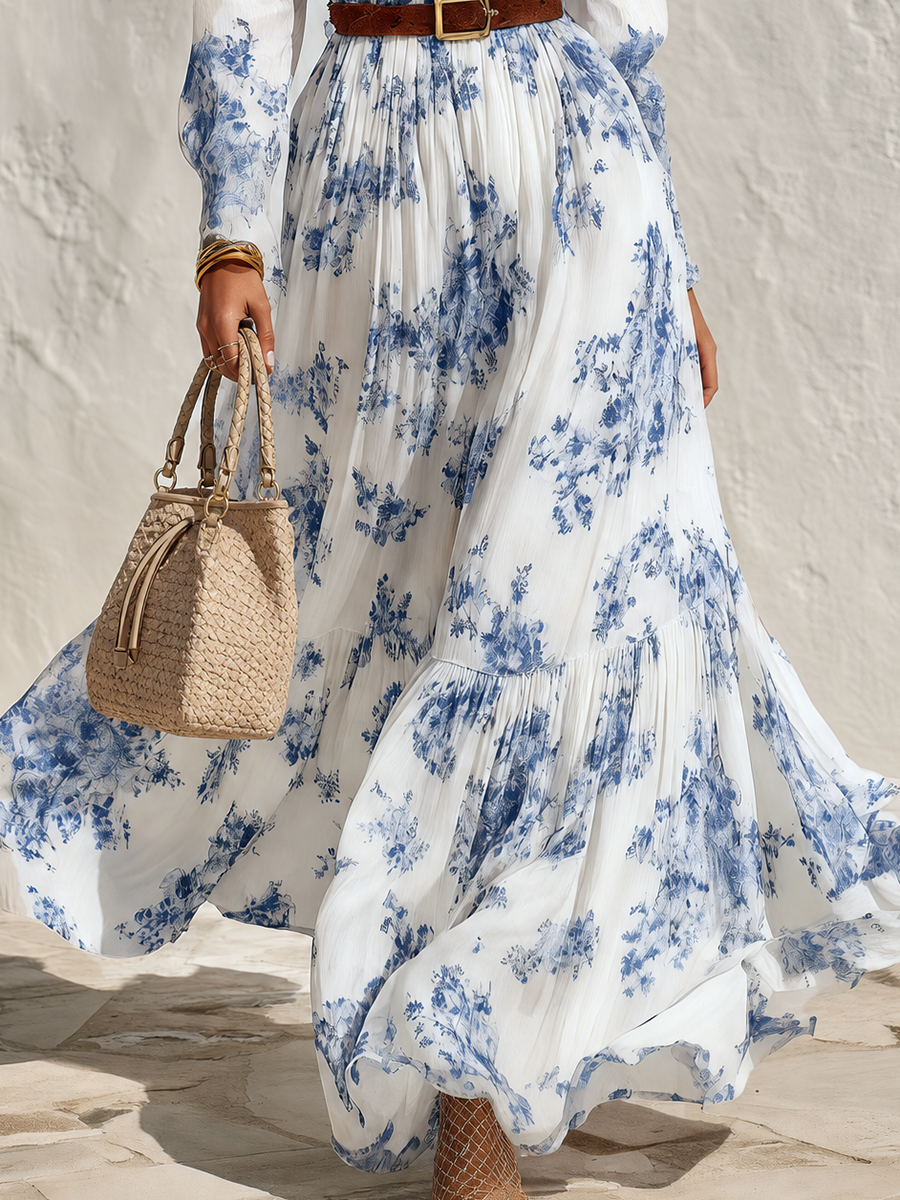 Blue Floral Print Smocked Neck Belted Maxi Dress