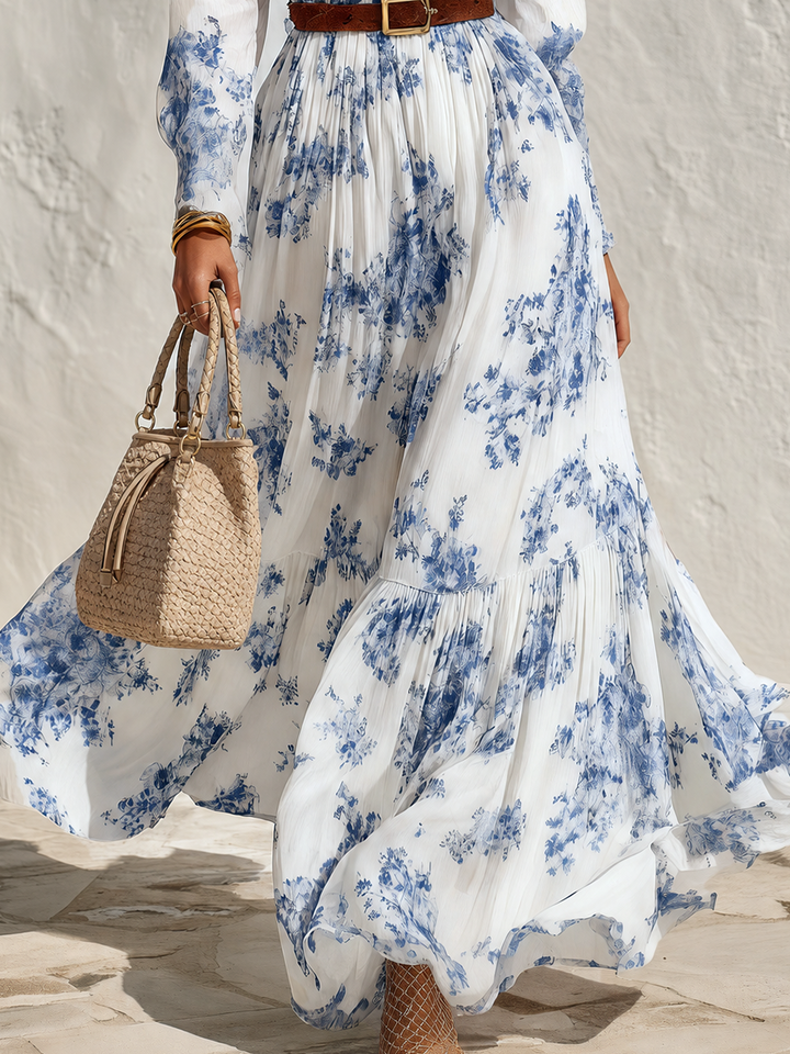 Blue Floral Print Smocked Neck Belted Maxi Dress