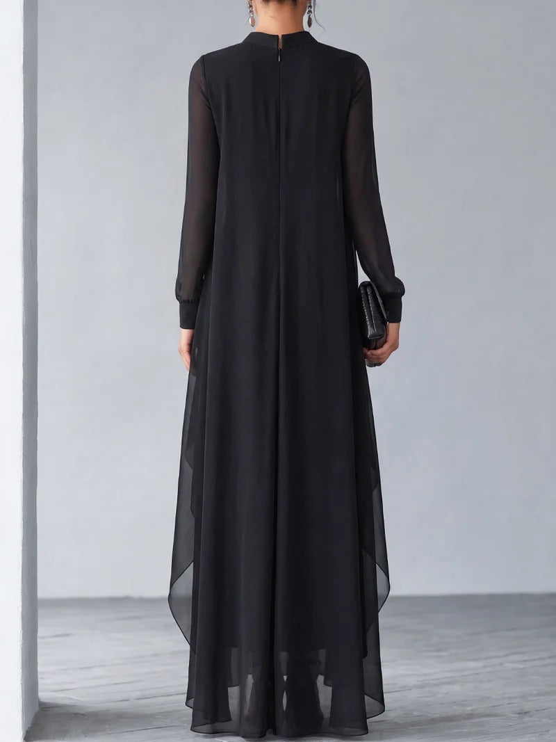 Elegant Black Sheer Overlay Long Sleeve Maxi Dress
