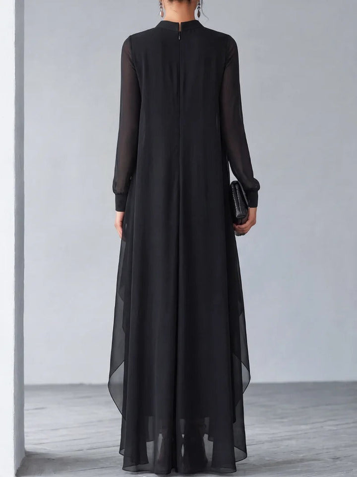 Elegant Black Sheer Overlay Long Sleeve Maxi Dress
