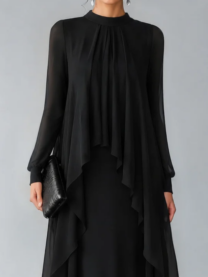 Elegant Black Sheer Overlay Long Sleeve Maxi Dress