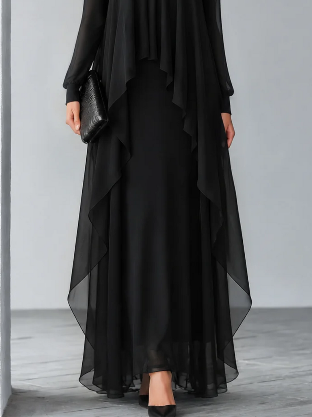 Elegant Black Sheer Overlay Long Sleeve Maxi Dress