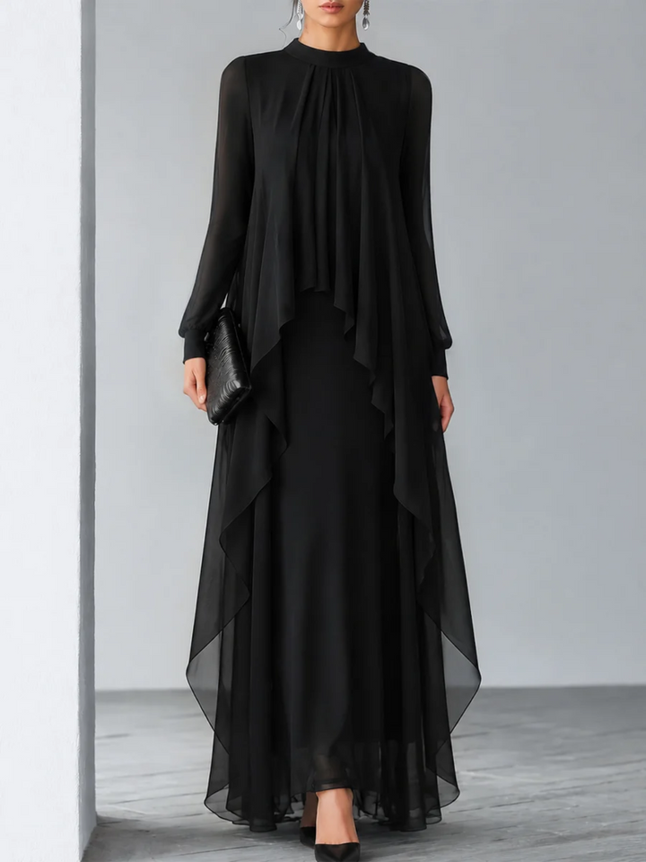 Elegant Black Sheer Overlay Long Sleeve Maxi Dress