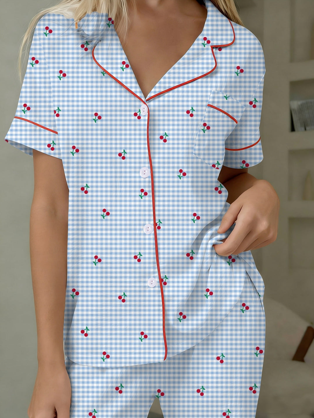 Comfortable Cherry Gingham Pajama Set for Women with Notch Collar Short Sleeve Button Front Relaxed Style