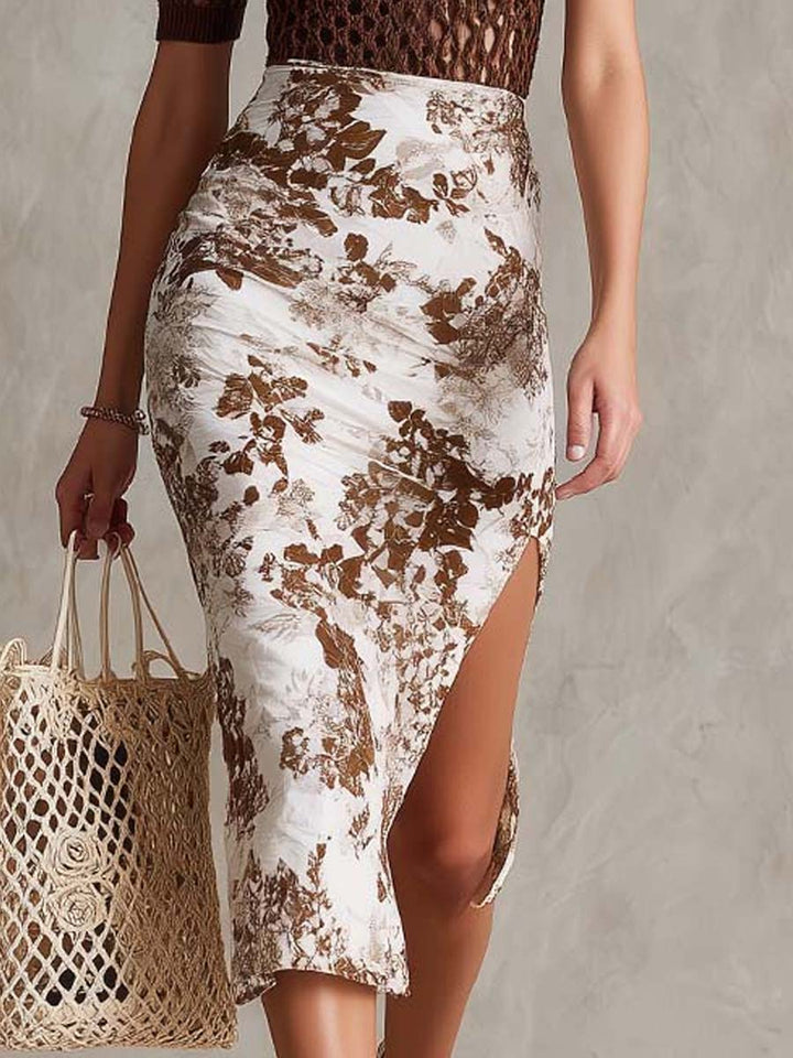 Brown Crochet Off-Shoulder Top And Vintage Floral Midi Skirt Two-Piece Set