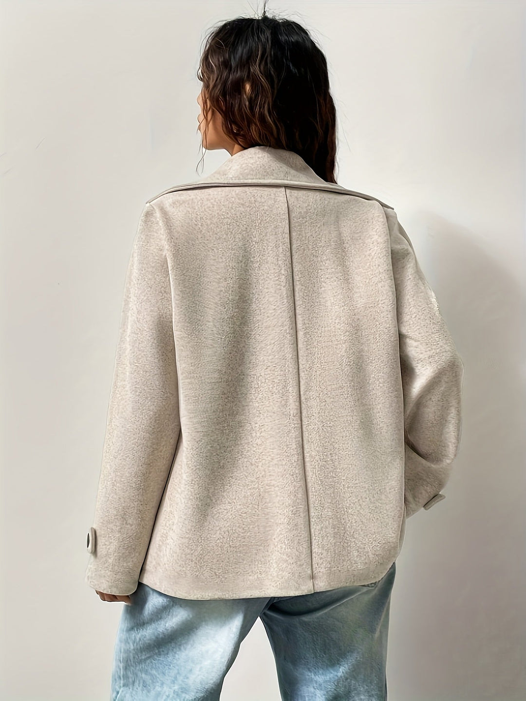 Elegant Beige Pea Coat for Women with Notched Lapel Long Sleeve Double Breasted Oversized Style