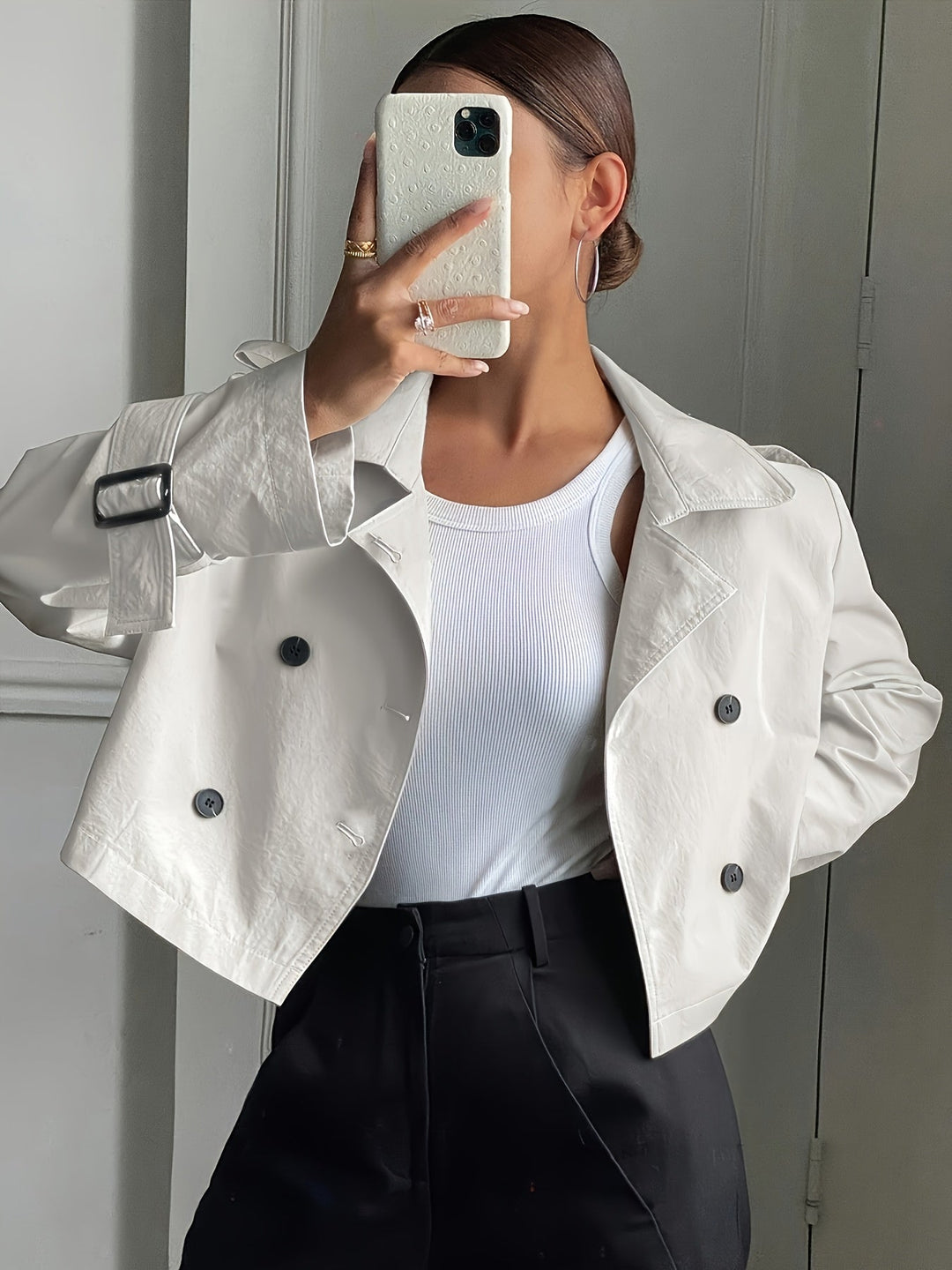 Elegant Khaki Pea Coat for Women with Notch Lapel Long Sleeve Double Breasted Cropped Style