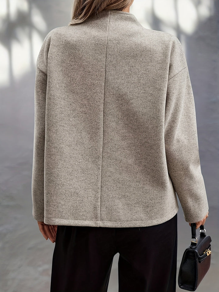Elegant Apricot Wool Pea Coat for Women with Stand Collar Long Sleeve Double Breasted Oversized Style
