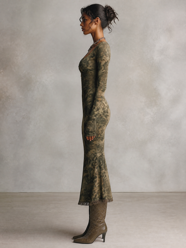 Olive Tie-Dye Ruched Square Neck Fringe Hem Midi Dress