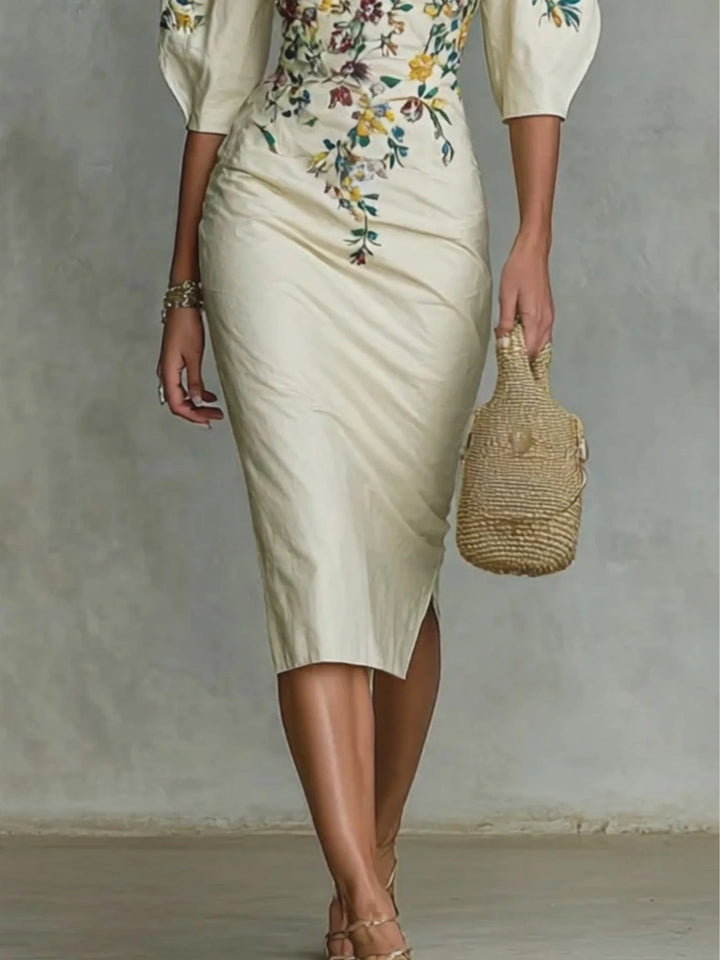 Floral Embroidered Off-Shoulder Midi Dress