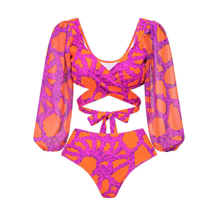 V Neck Net Yarn Long Sleeve Bikini Swimsuit and Skirt