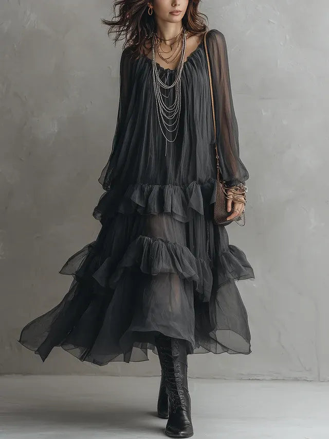 Black U-neck Sheer Layered Ruffled Maxi Dress