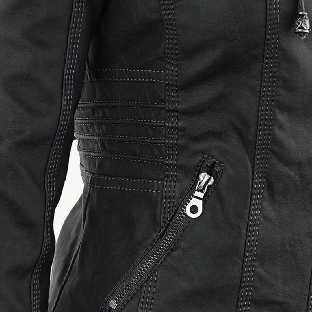 Elegant Brown Leather Jacket for Women with Hooded Long Sleeve Quilted Moto Style