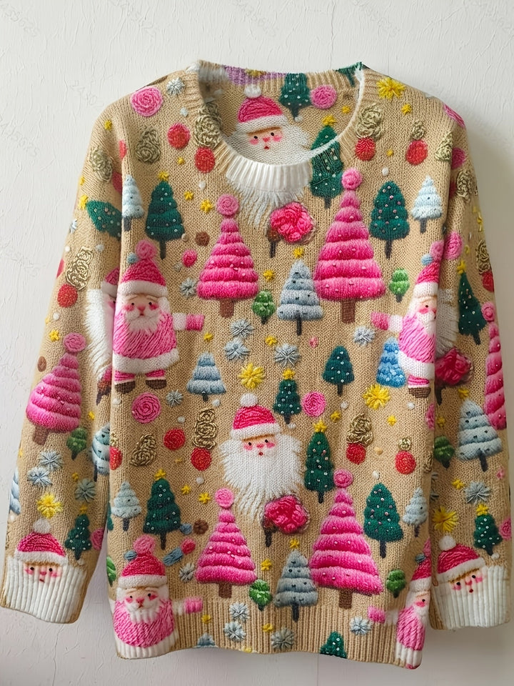 Cozy Christmas Tacky Sweater for Women with Crew Neck Long Sleeve Santa Print Oversized Knit Style
