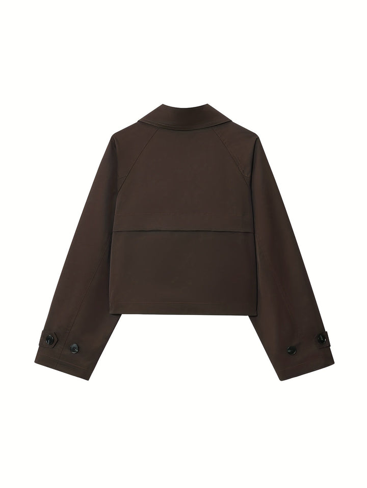 Elegant Coffee Brown Pea Coat for Women with Notched Lapel Long Sleeve Double Breasted Cropped Style