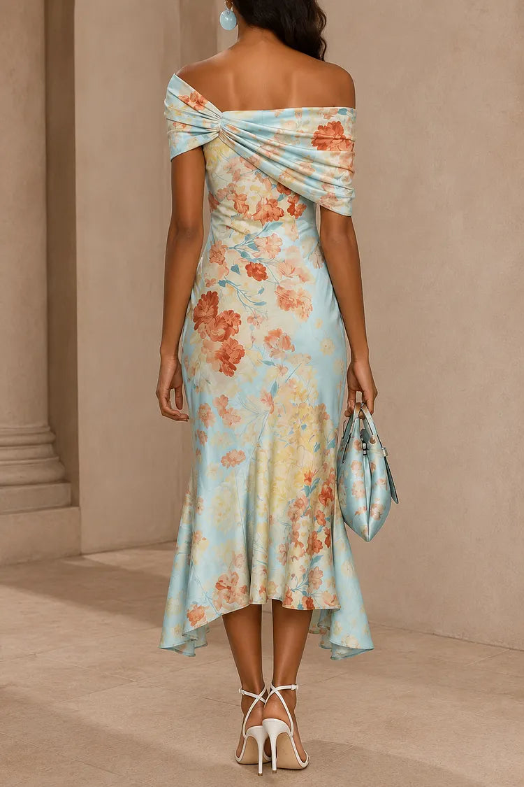 Blue Floral One-Shoulder Mermaid Midi Dress