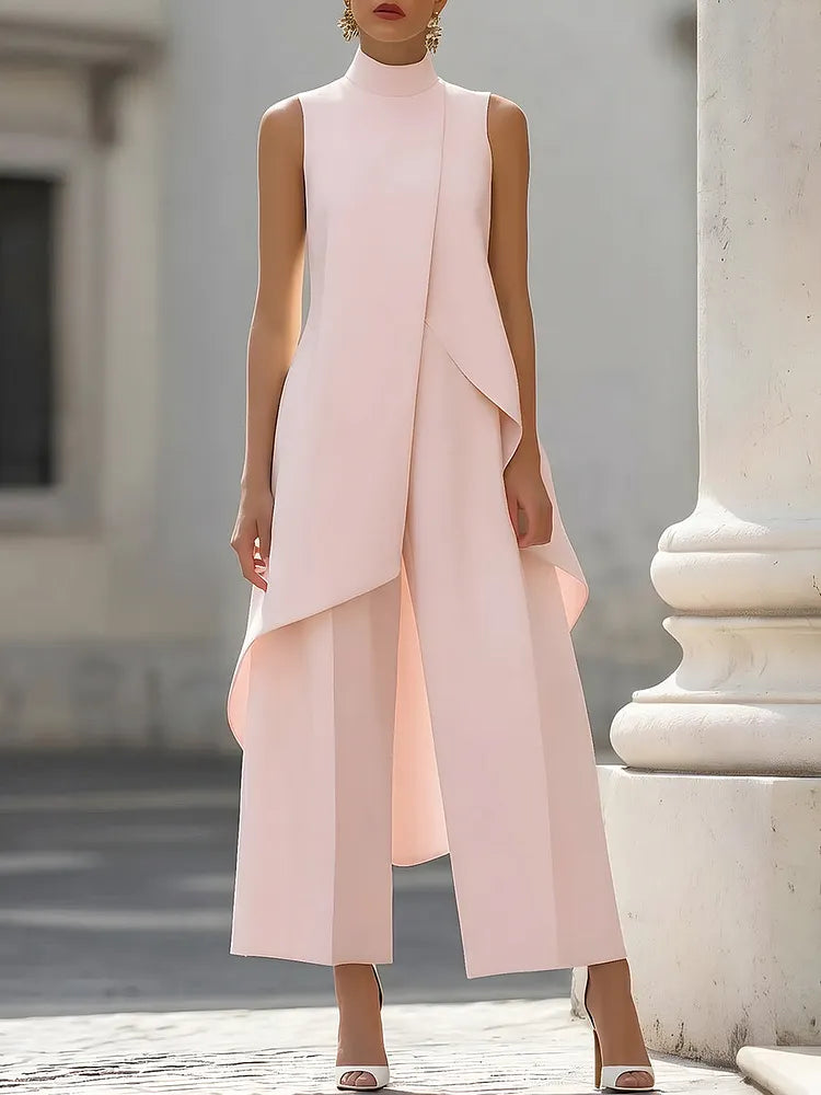 High-Neck Asymmetric Top & Wide-Leg Trouser Set