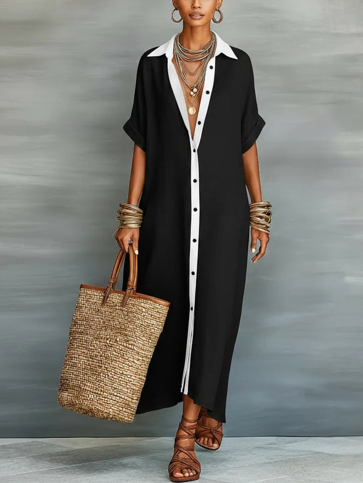 Olive Green Minimalist Patchwork Short-sleeved Shirt Maxi Dress