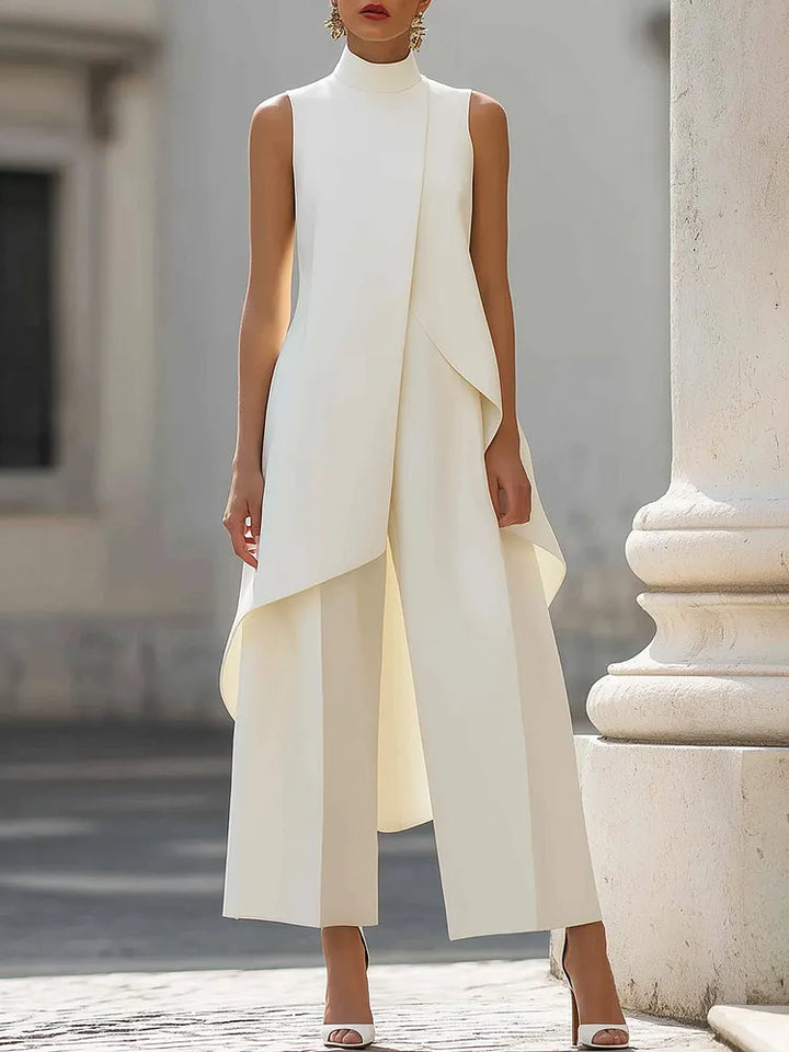 High-Neck Asymmetric Top & Wide-Leg Trouser Set