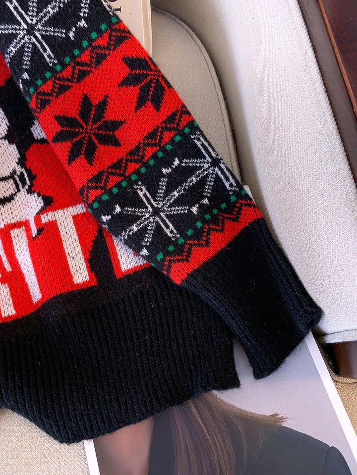 Cozy Black Santa Christmas Tacky Sweater for Women with Crew Neck Long Sleeve Oversized Knit Style
