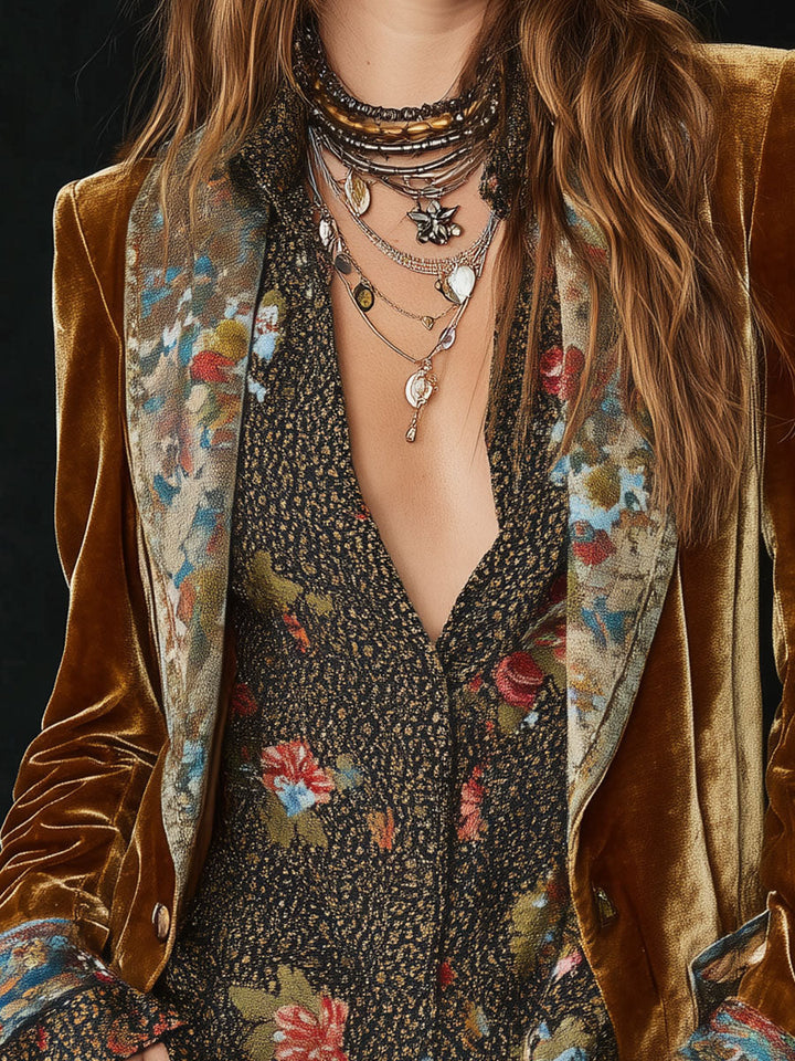 Vintage Lapel Polyester Velvet Floral Print Patchwork Blazer