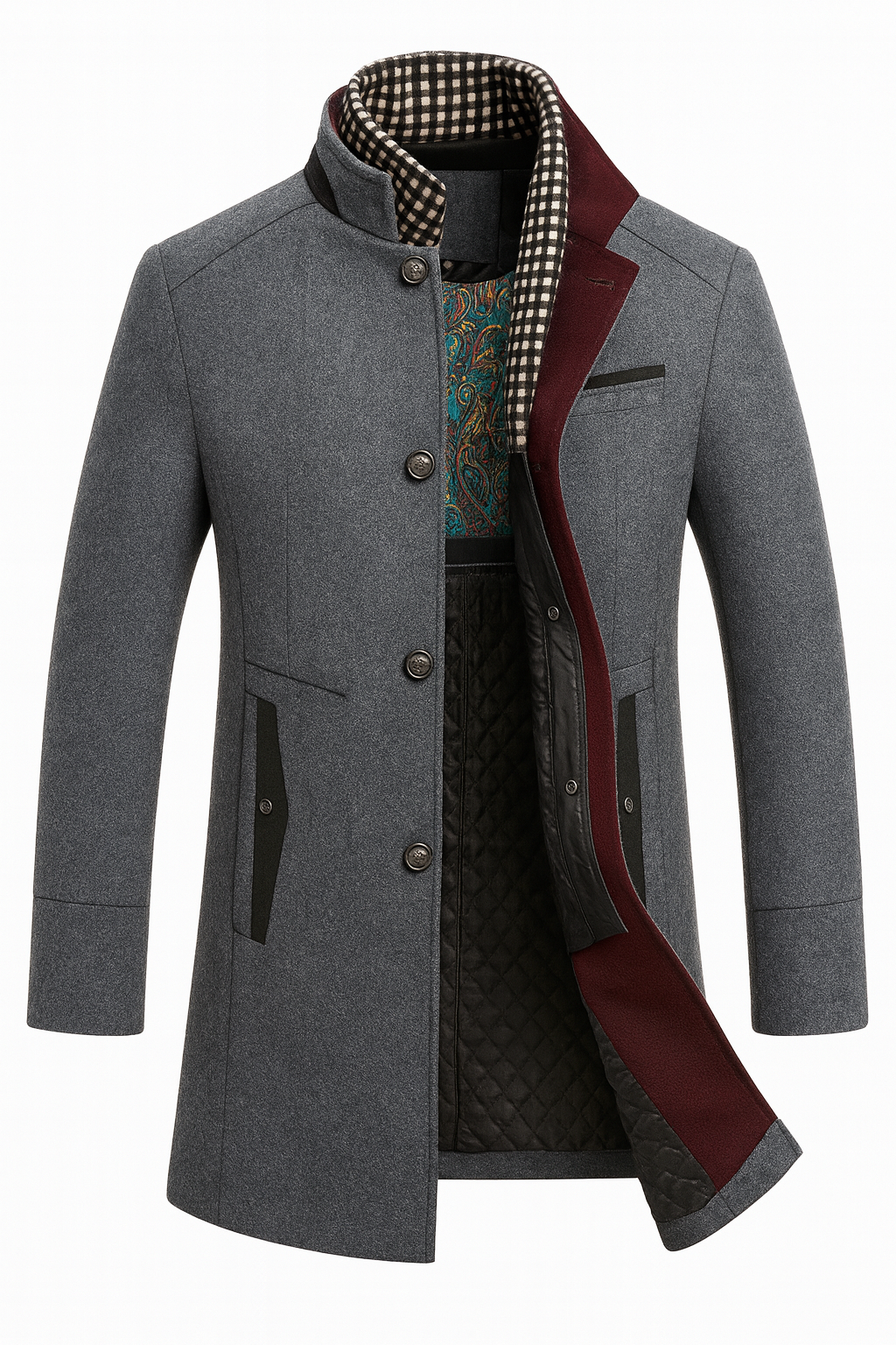 Wool Blend Overcoat with Notch Lapel Collar