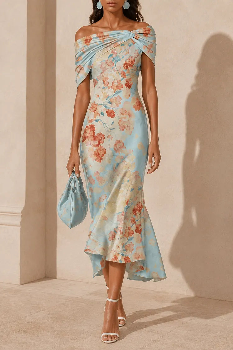 Blue Floral One-Shoulder Mermaid Midi Dress