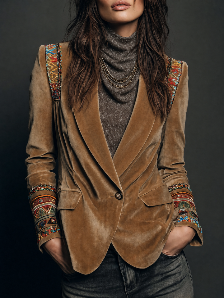 Polyester velvet Embroidered Blazer With Bohemian Detailing