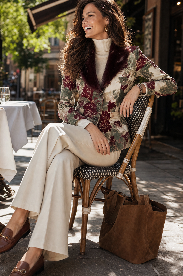 Retro Single-breasted Floral Print Slim-fit Blazer With Faux Fur Collar