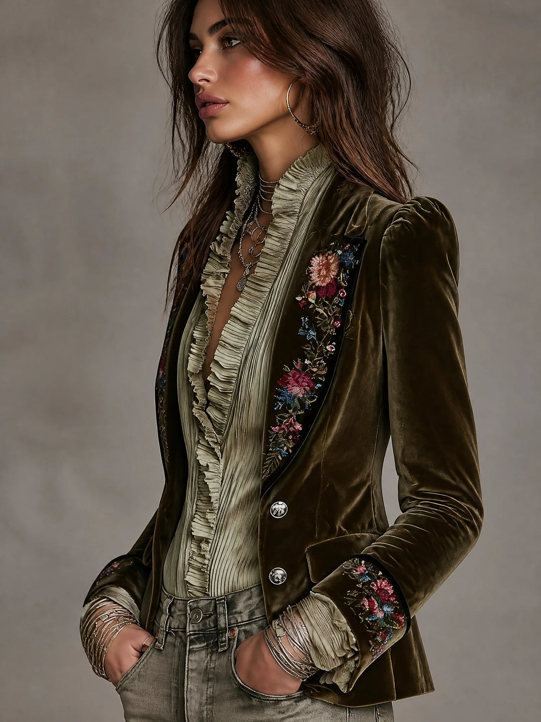 Elegant Boho Olive Velvet Jacket Floral Embroidered Puff Sleeve