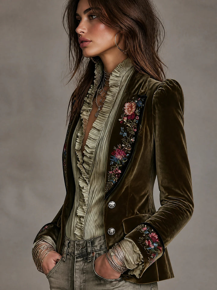 Elegant Boho Olive Velvet Jacket Floral Embroidered Puff Sleeve