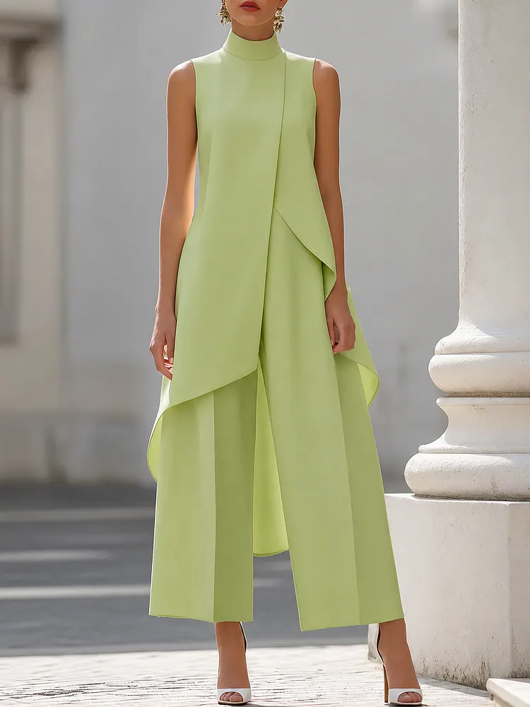 High-Neck Asymmetric Top & Wide-Leg Trouser Set