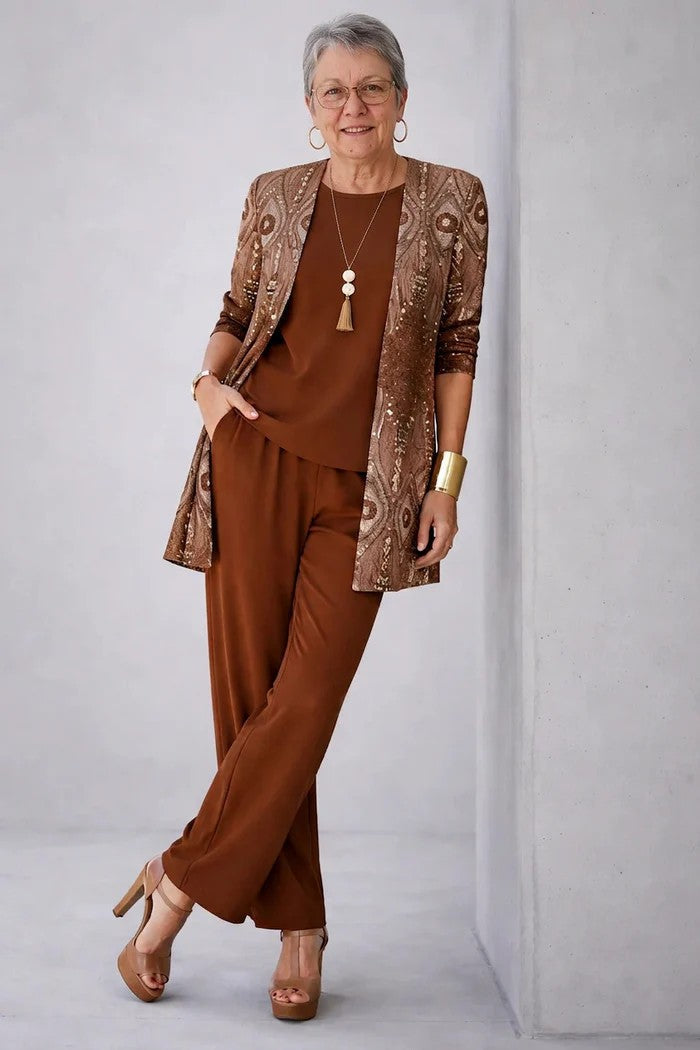 Margaret | Three-Piece Co-ord Set with Longline Cardigan and Printed Trousers