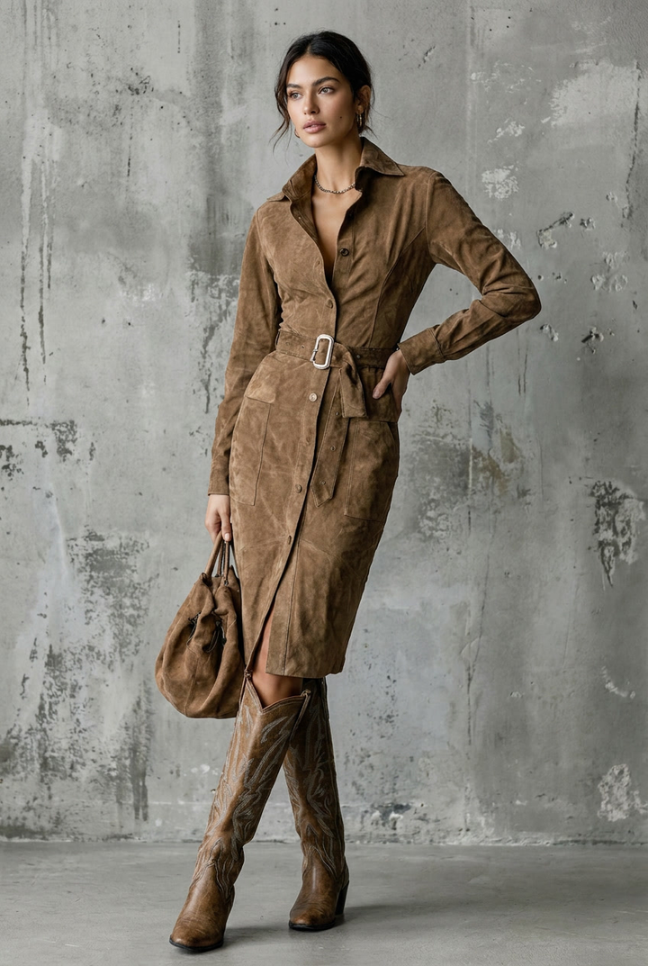 Alba | Suede Lapel Long-Sleeve Midi Dress