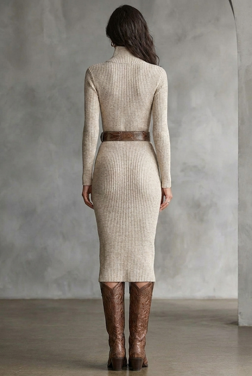 Clara | Knitted Belted Midi Dress with Half Turtleneck