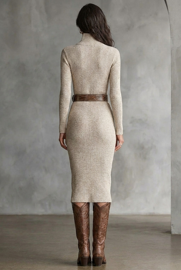 Clara | Knitted Belted Midi Dress with Half Turtleneck