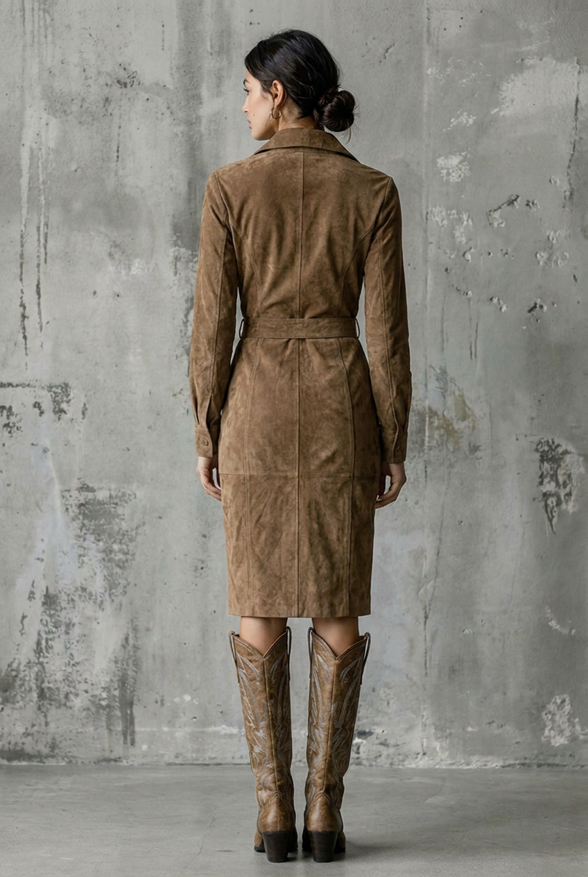 Alba | Suede Lapel Long-Sleeve Midi Dress