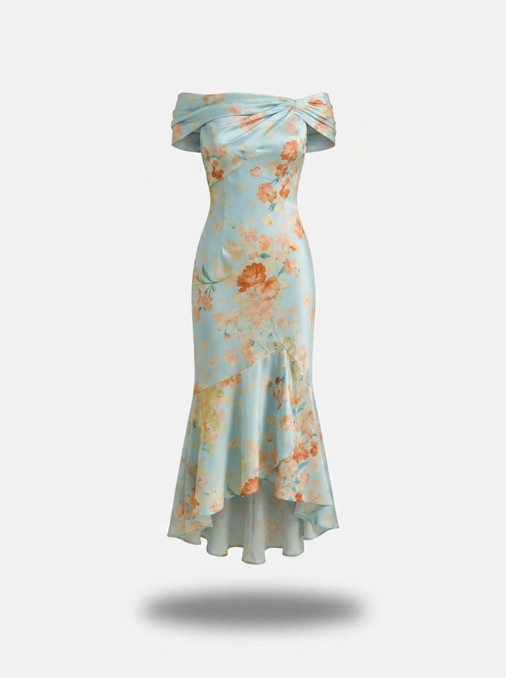Blue Floral One-Shoulder Mermaid Midi Dress