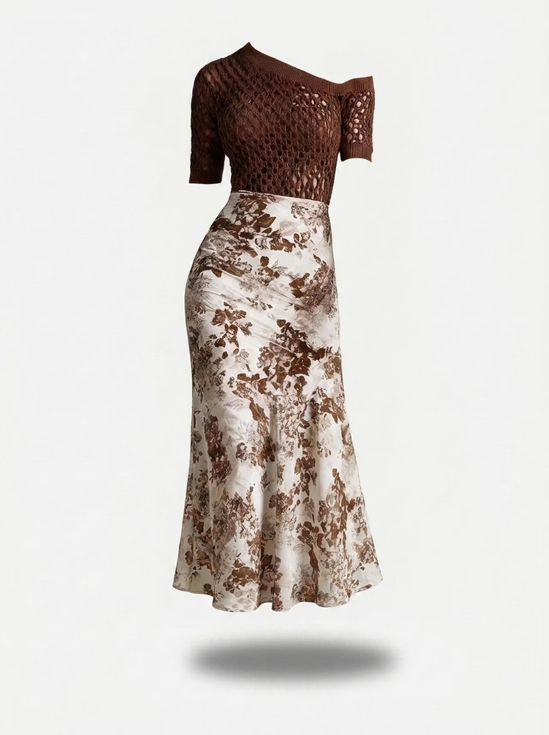 Brown Crochet Off-Shoulder Top And Vintage Floral Midi Skirt Two-Piece Set