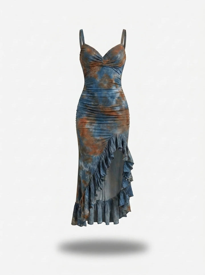Tie-Dye Ruched Ruffle Midi Dress
