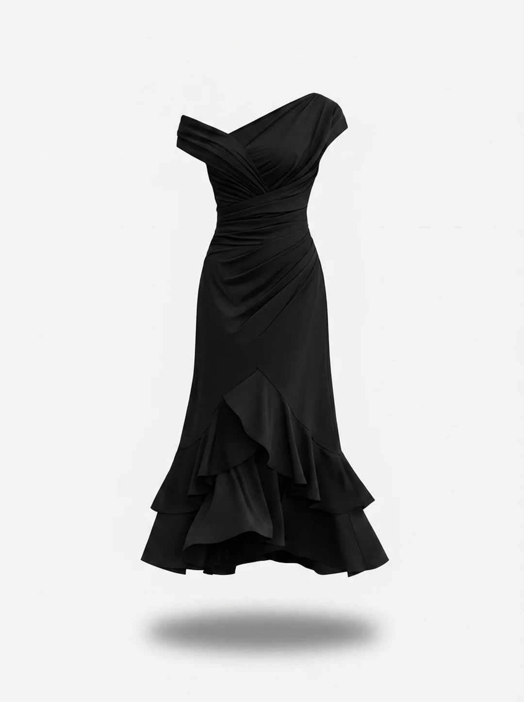 One-Shoulder Ruched Asymmetric Ruffle Hem Maxi Dress
