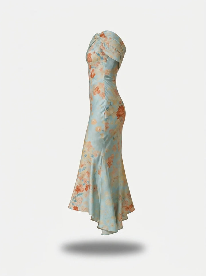 Blue Floral One-Shoulder Mermaid Midi Dress