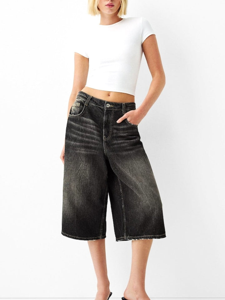 Clara & Sophia | High-Waist Relaxed-Fit Denim Bermuda Shorts