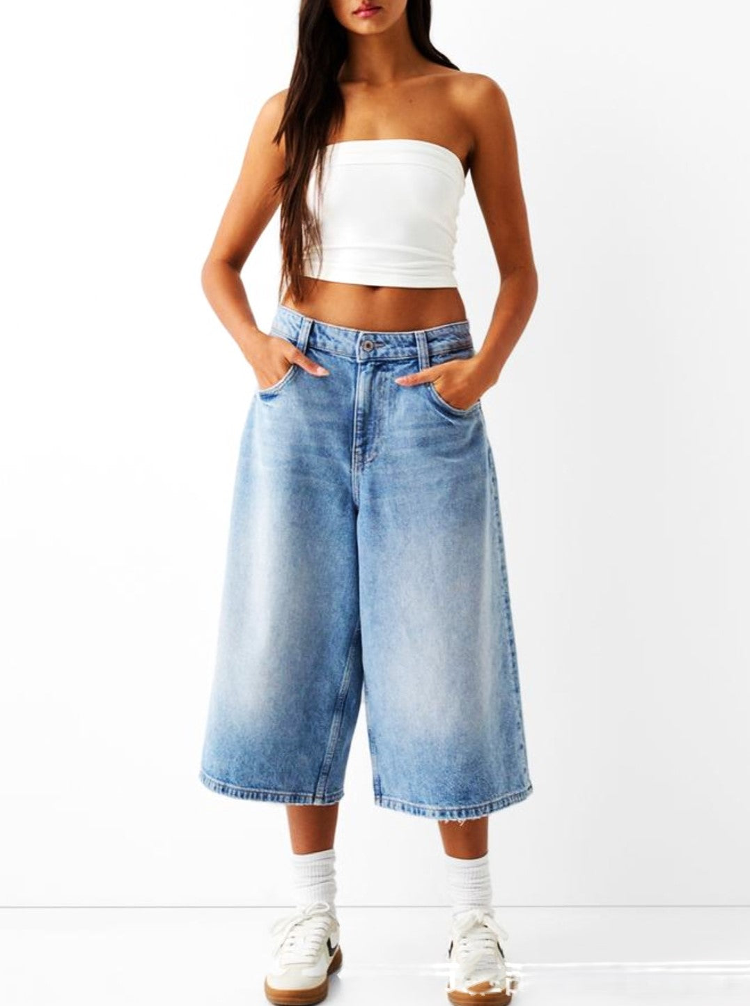 Clara & Sophia | High-Waist Relaxed-Fit Denim Bermuda Shorts