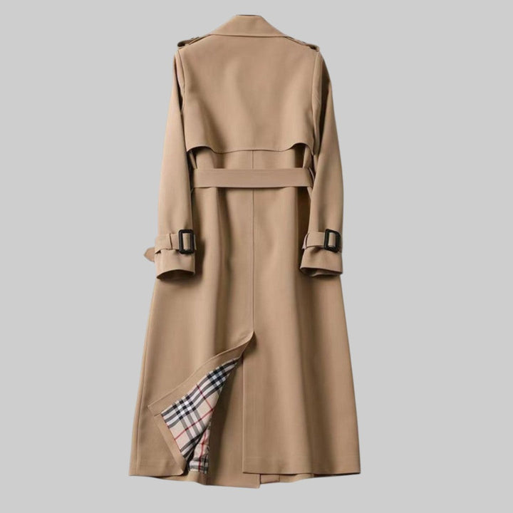 Elegant Trench Coat for Women with Lapel Collar Belted Waist Double Breasted Longline Style
